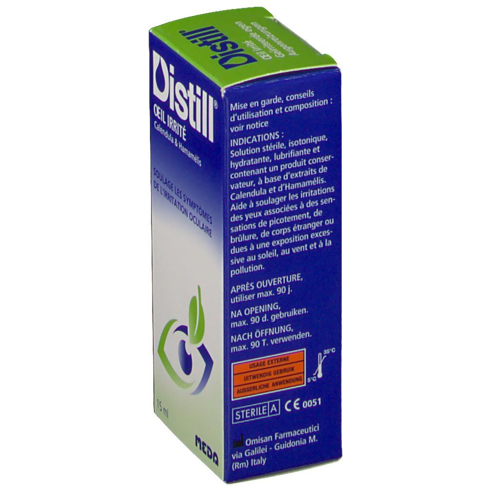 Dos de la boîte Distill Oeil Irrité. Texte multilingue. Contient 15 ml.