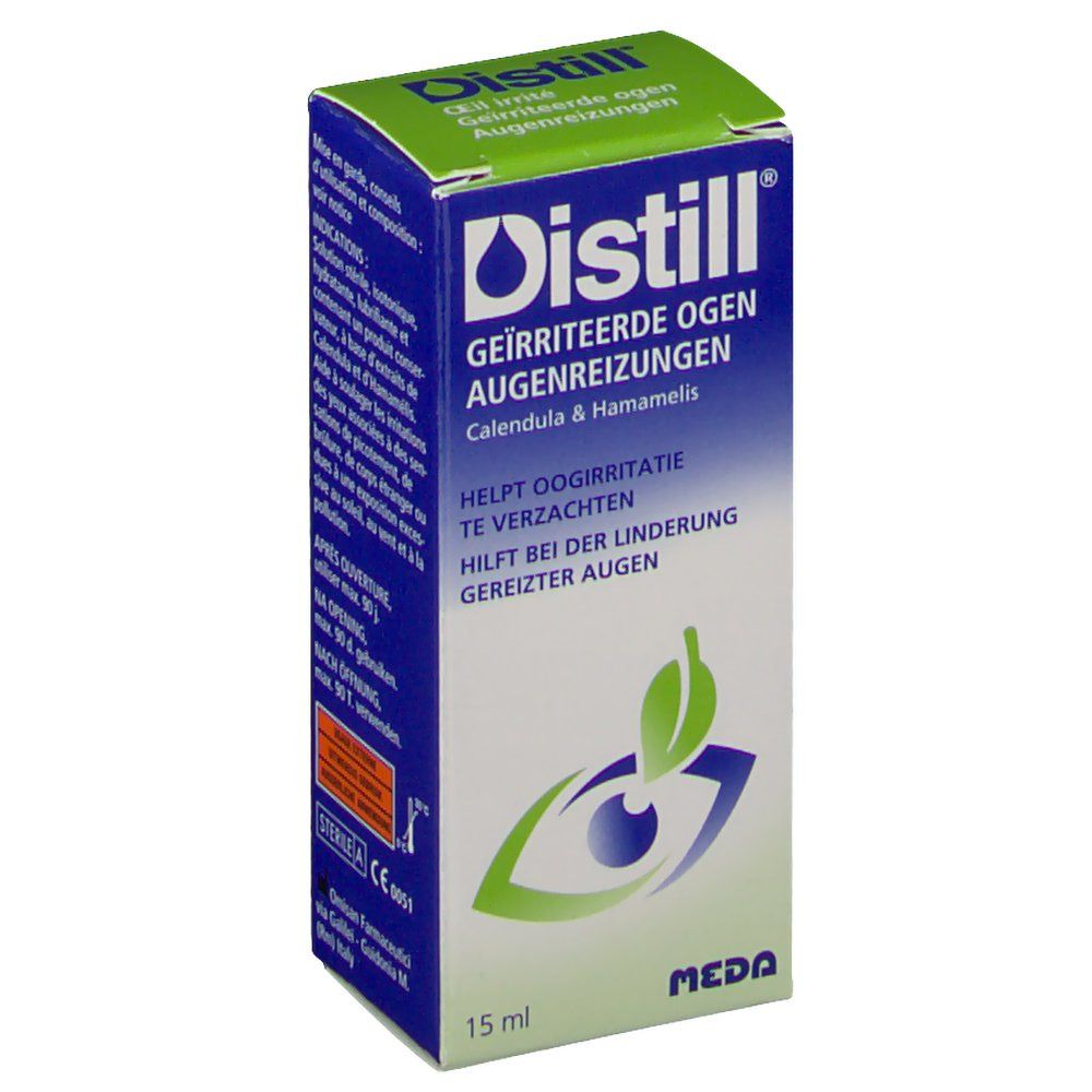 Boîte Distill Oeil Irrité. Emballage bleu et vert. Contient 15 ml.