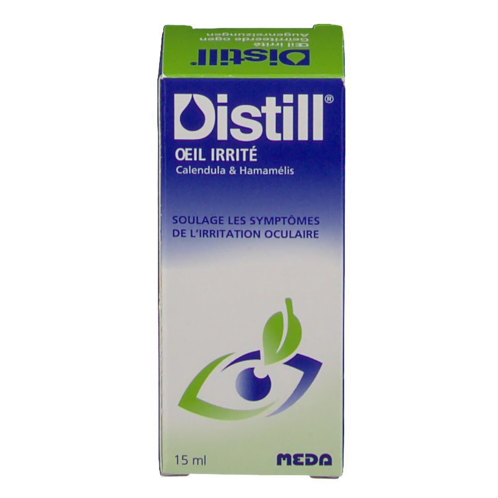 Boîte Distill Oeil Irrité. Emballage bleu et vert. Contient 15 ml.