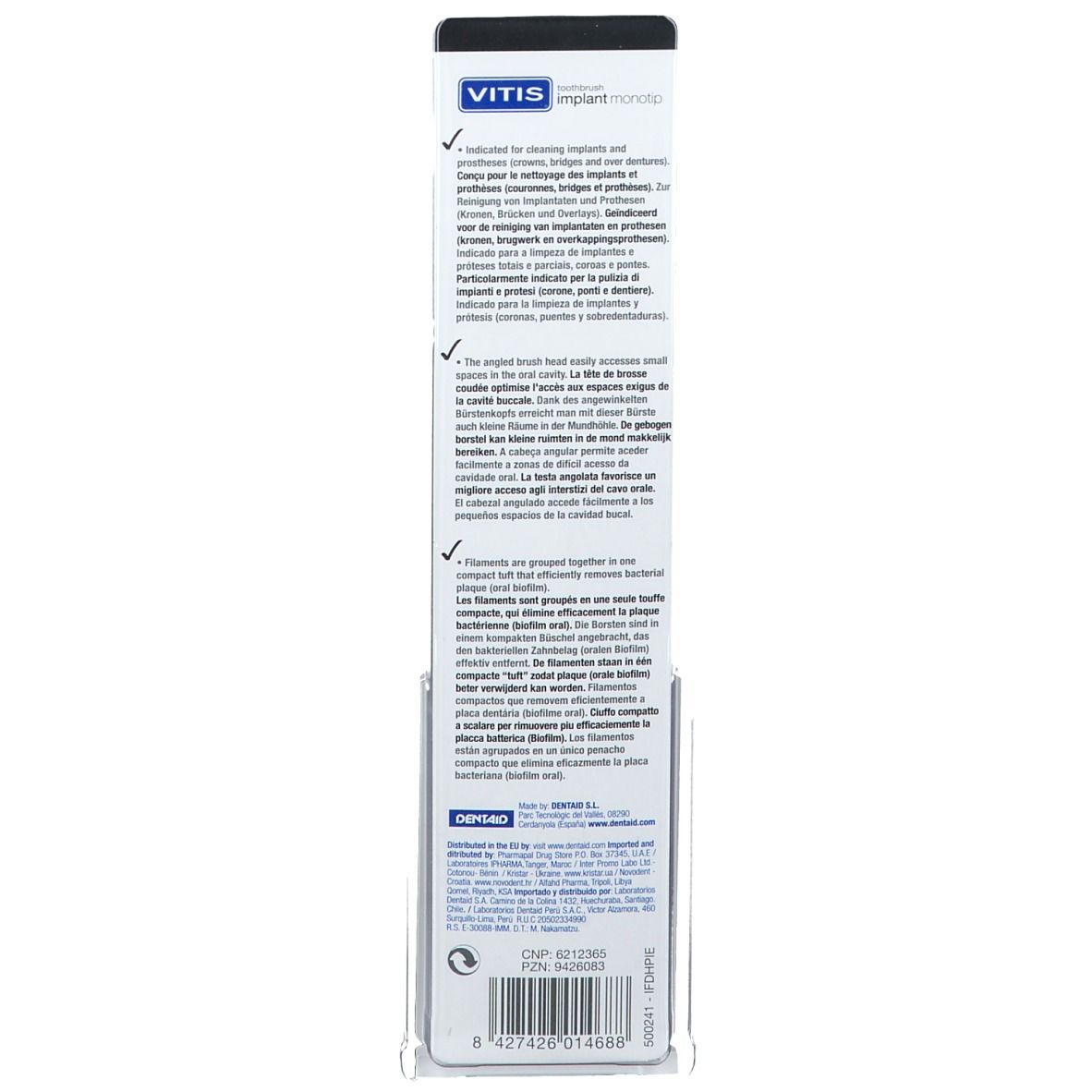 Dos de l'emballage de la brosse à dents VITIS implant monotip, avec texte et code-barres.
