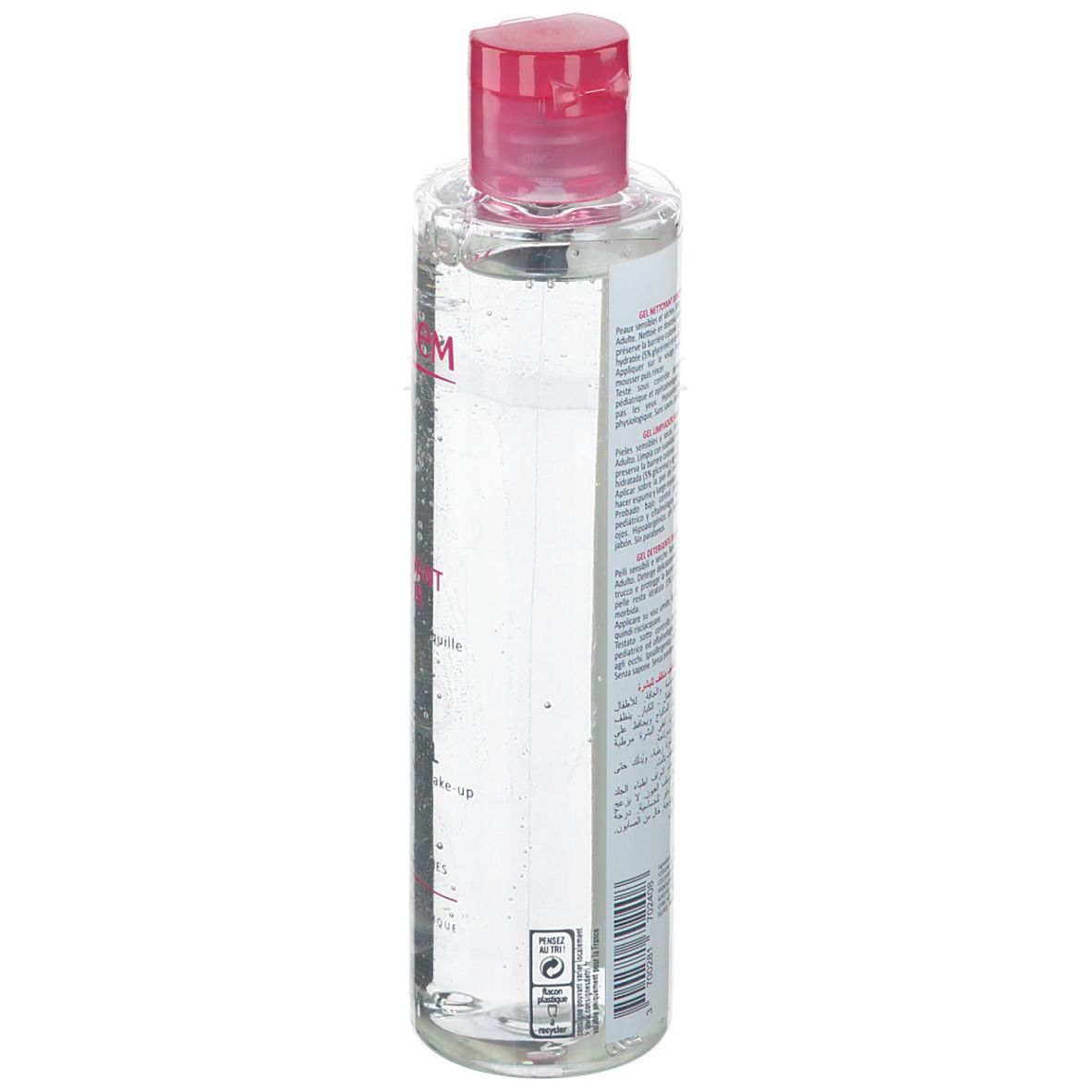 Transparante fles met roze dop. Etiket met tekst. Achterkant met informatie en tekst.