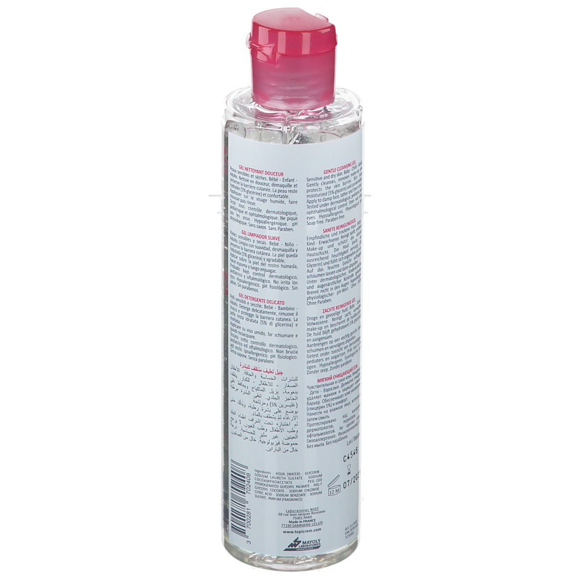 Transparante fles met roze dop. Achterkant met tekst en informatie. Etiket met tekst.