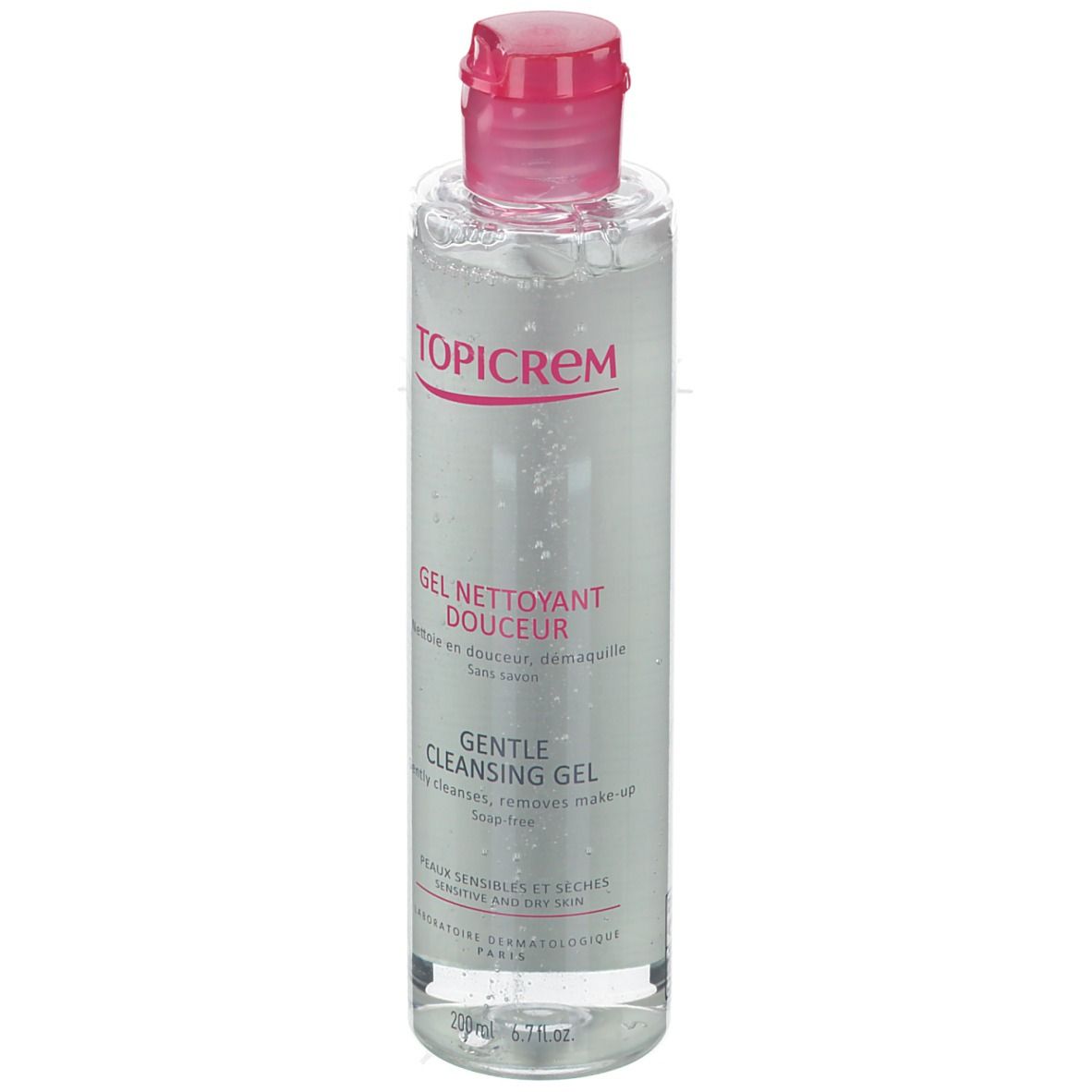Transparante fles met roze dop. Opschrift TOPICREM en Gel Nettoyant Douceur. Voor gevoelige huid.