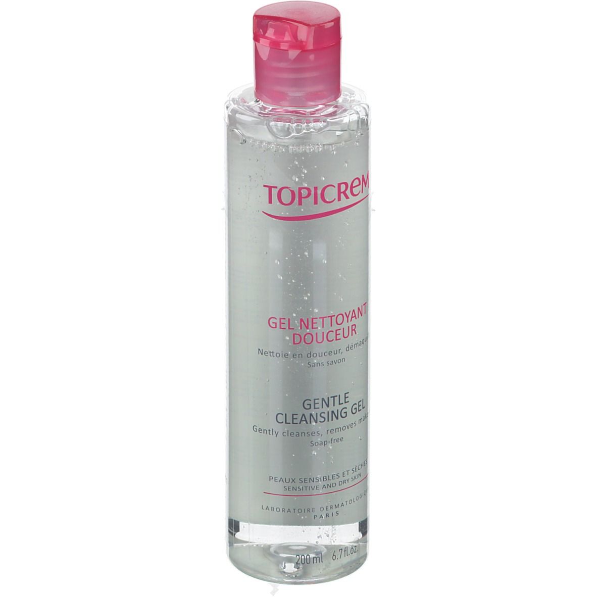 Transparante fles met roze dop. Opschrift TOPICREM en Gel Nettoyant Douceur. Voor gevoelige huid.