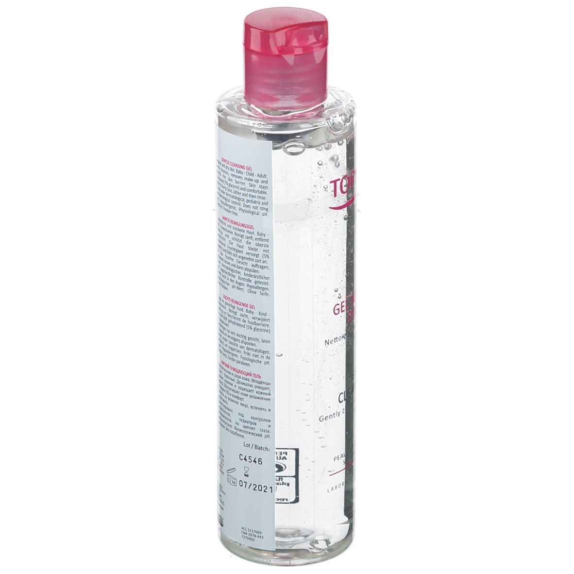 Transparante fles met roze dop. Etiket met tekst. Achterkant met informatie en tekst.
