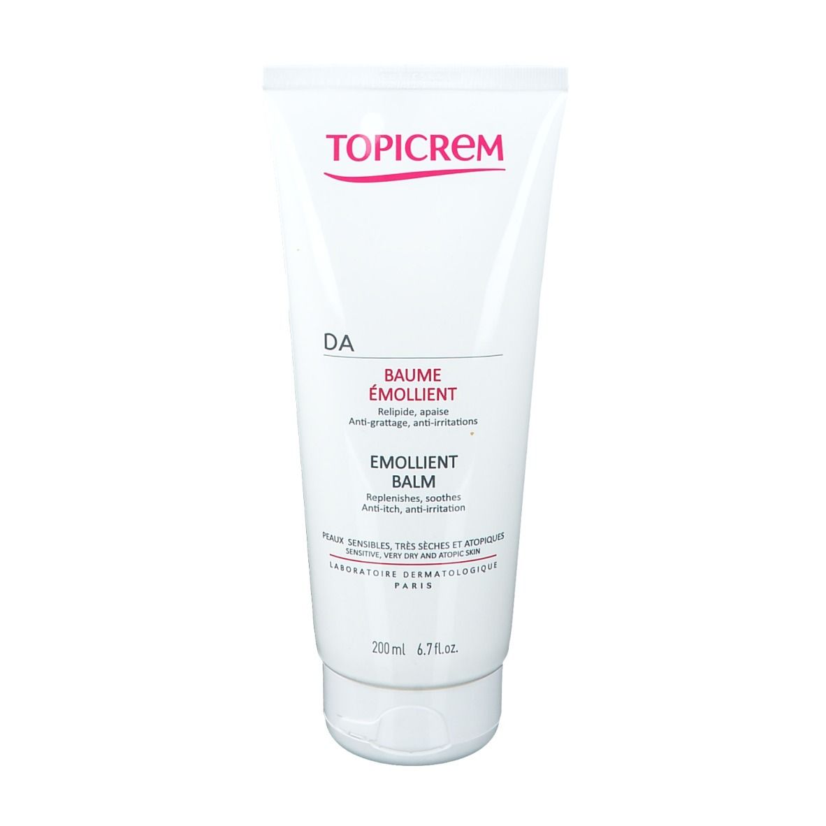 Weiße Tube TOPICREM DA Baume Emollient. 200ml. Für empfindliche, sehr trockene und atopische Haut. Produktansicht.
