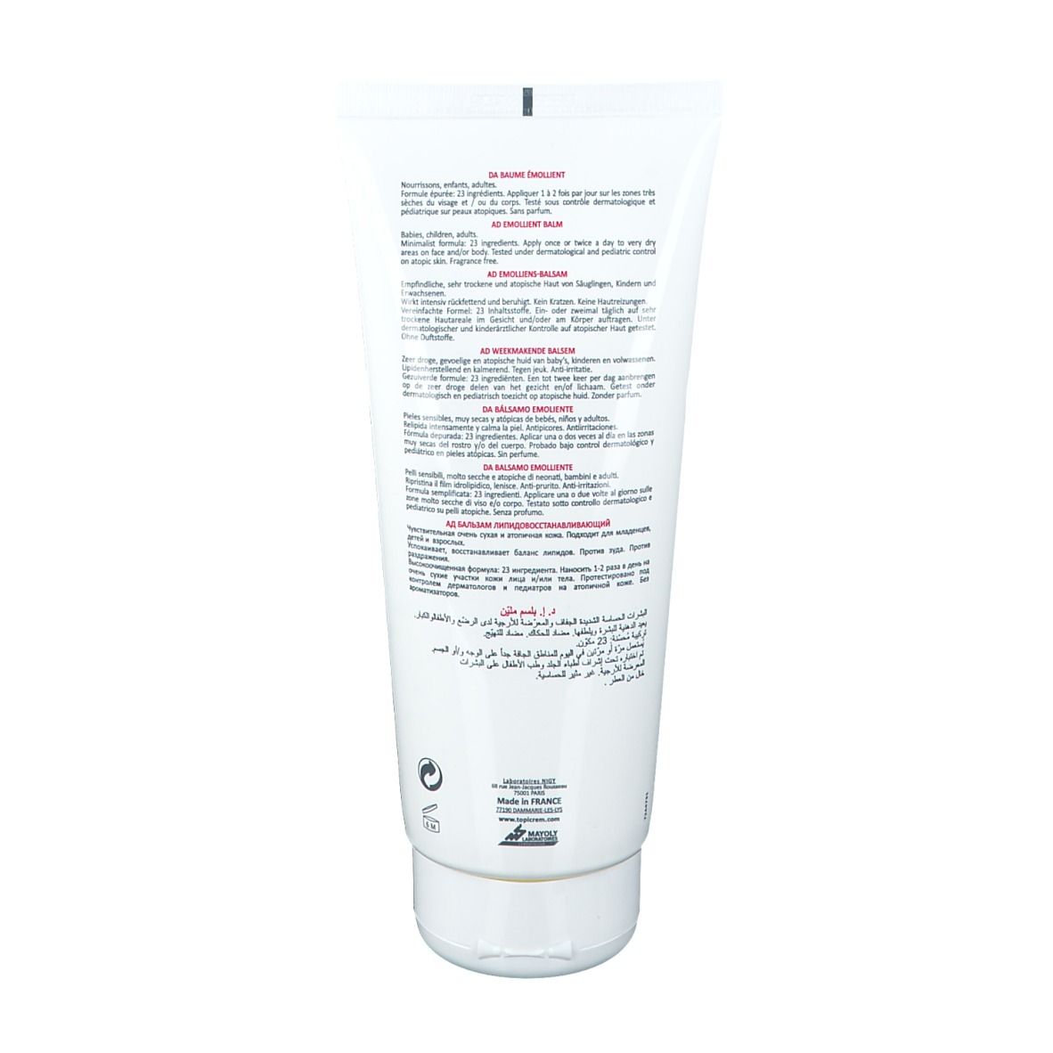 Rückseite der Tube TOPICREM DA Baume Emollient. Text in mehreren Sprachen. Herstellerinformationen und Logos.