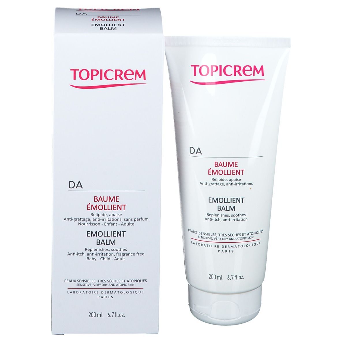 TOPICREM DA Baume Emollient und Verpackung. Weiße Schachtel mit Produktinformationen. 200ml.