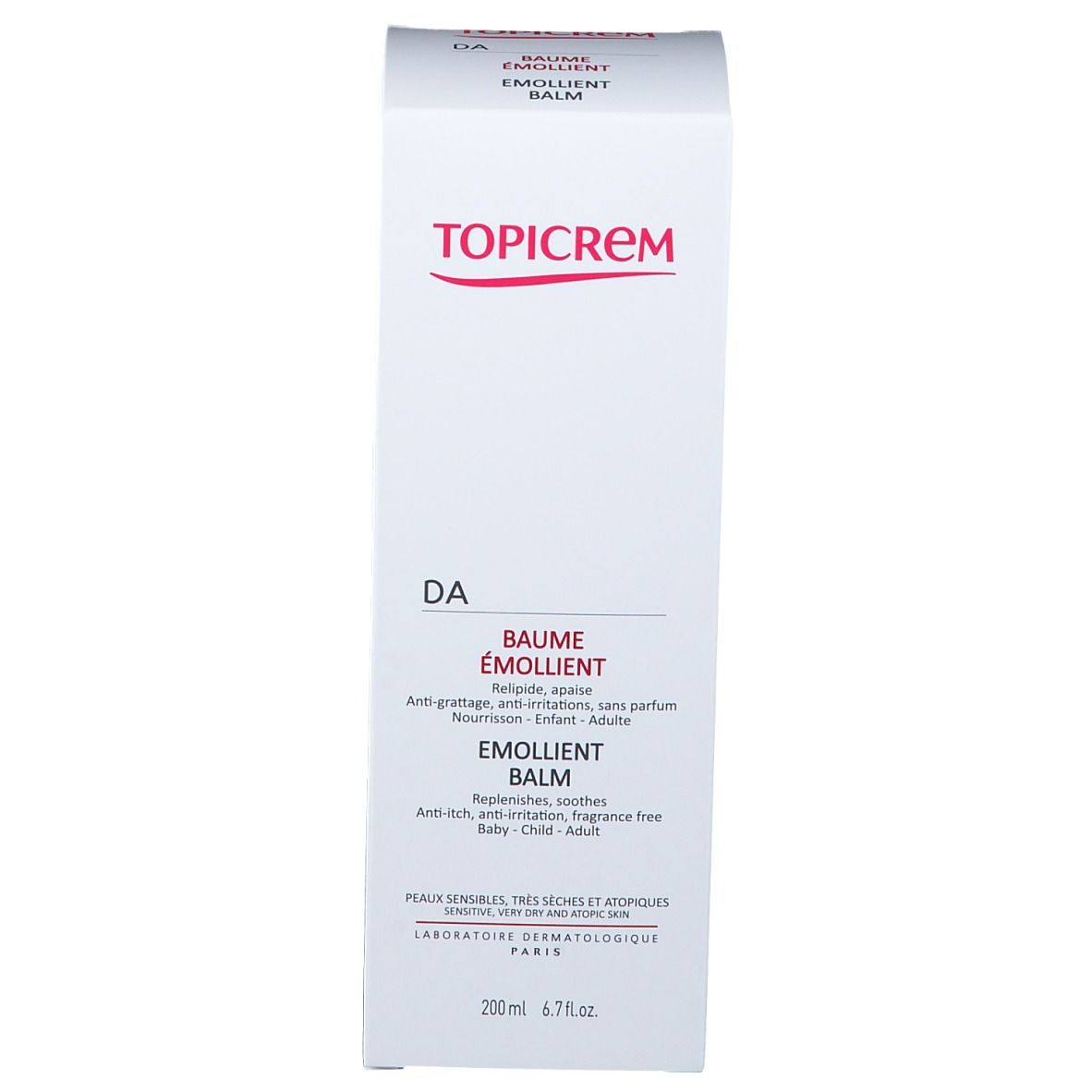 Weiße Schachtel TOPICREM DA Baume Emollient. Produktname, Inhaltsstoffe und Informationen für Baby und Erwachsene.