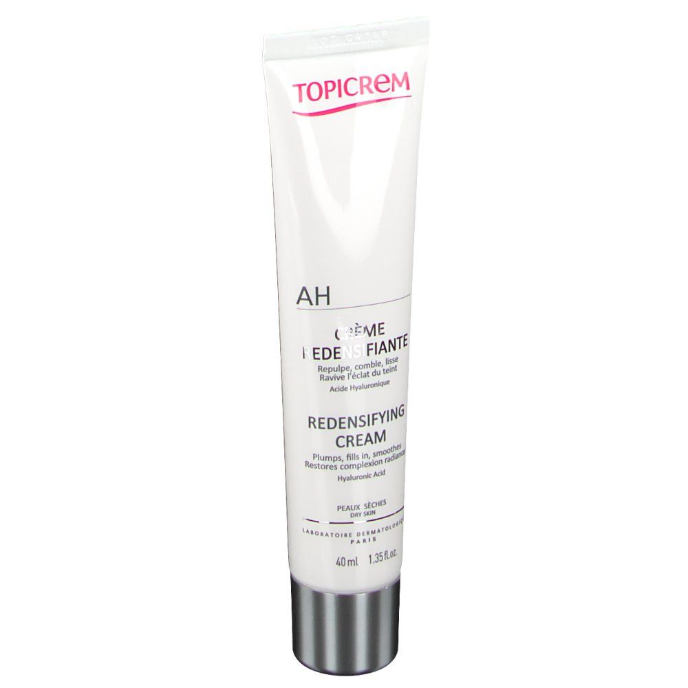 Tube blanc avec bouchon argenté. Inscription TOPICREM, AH, RÈME REDENSIFIANTE, Acide Hyaluronique. Pour peaux sèches. 40ml.