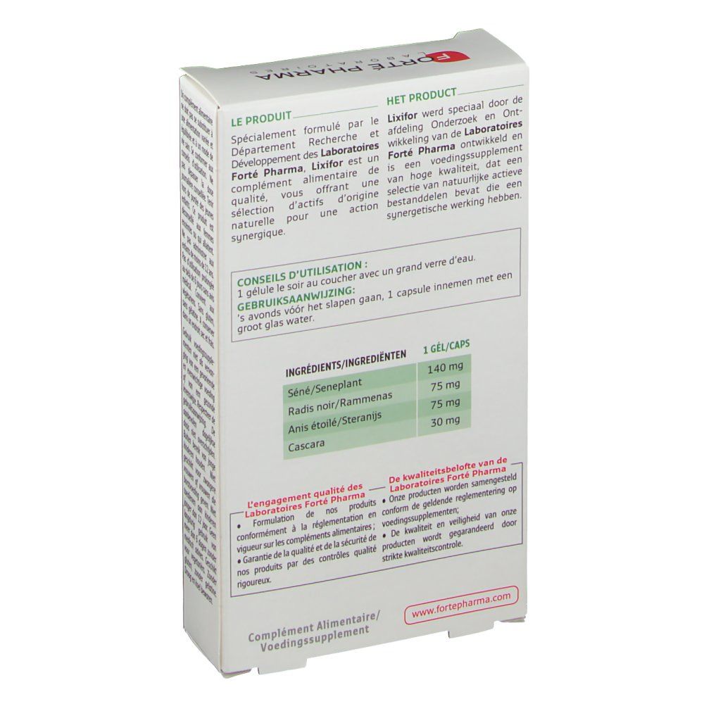 Boîte Forté Pharma Lixifor, dos avec ingrédients et conseils d'utilisation. Texte en allemand, français et néerlandais.