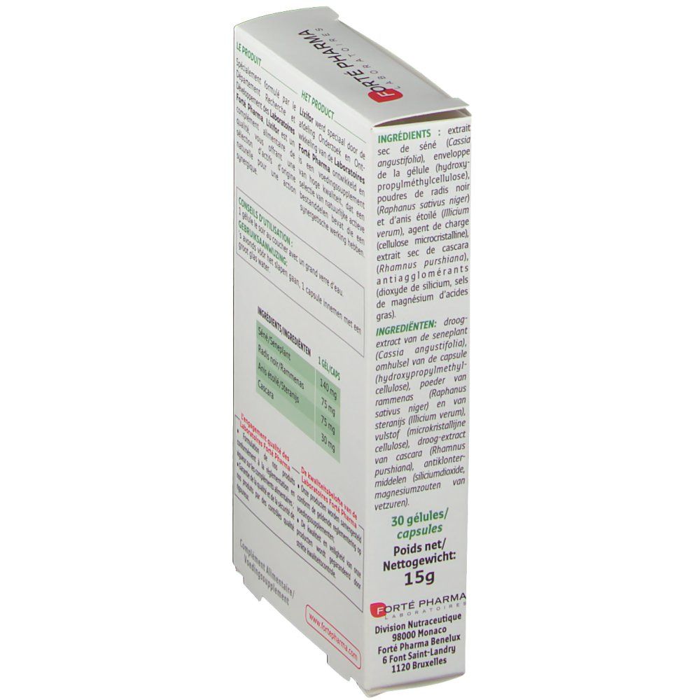 Boîte Forté Pharma Lixifor, vue latérale. Contient 30 gélules. Texte en allemand, français et néerlandais. Poids net : 15g.