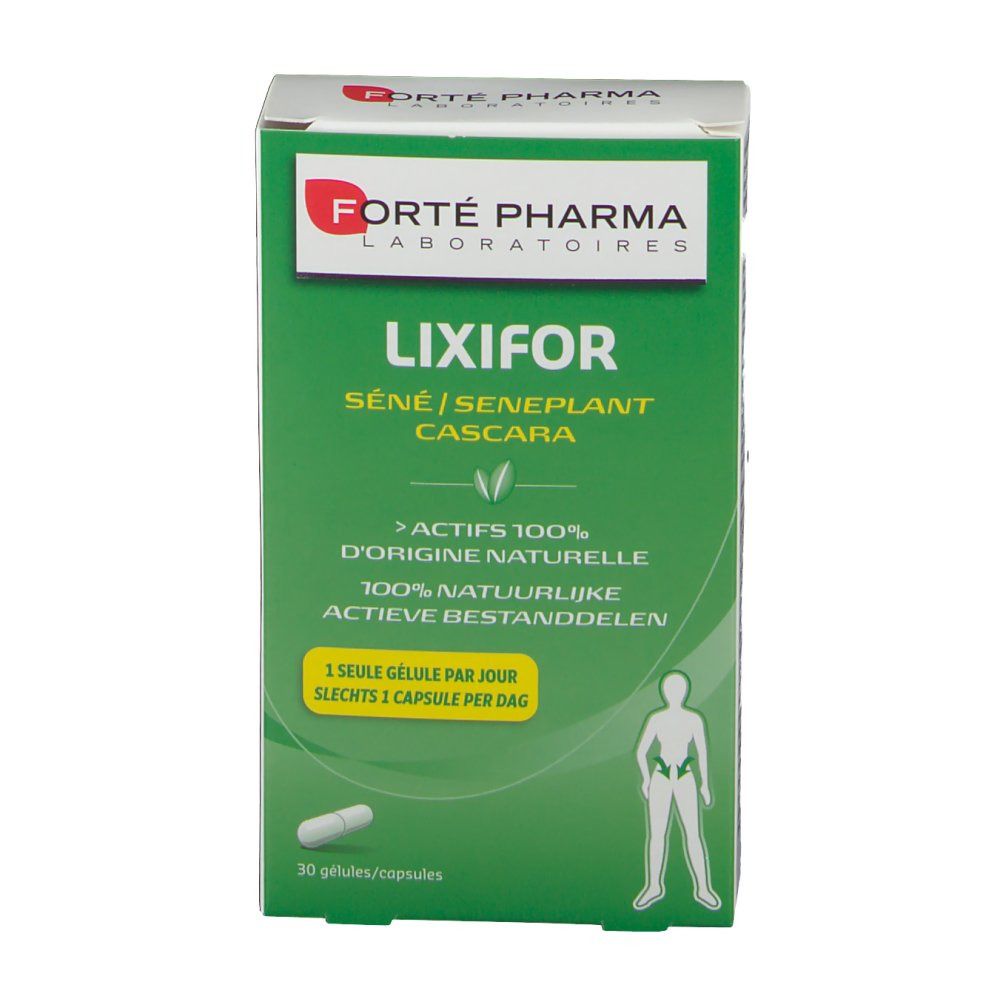 Boîte Forté Pharma Lixifor. Face verte avec nom du produit et ingrédients. Contient 30 gélules. Illustration d'une gélule.