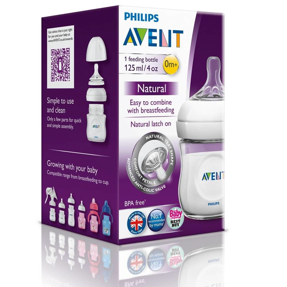 Boîte avec biberon. AVENT, 125 ml/4oz, Natural. Image du biberon et composants. Sans BPA, valve anti-colique.