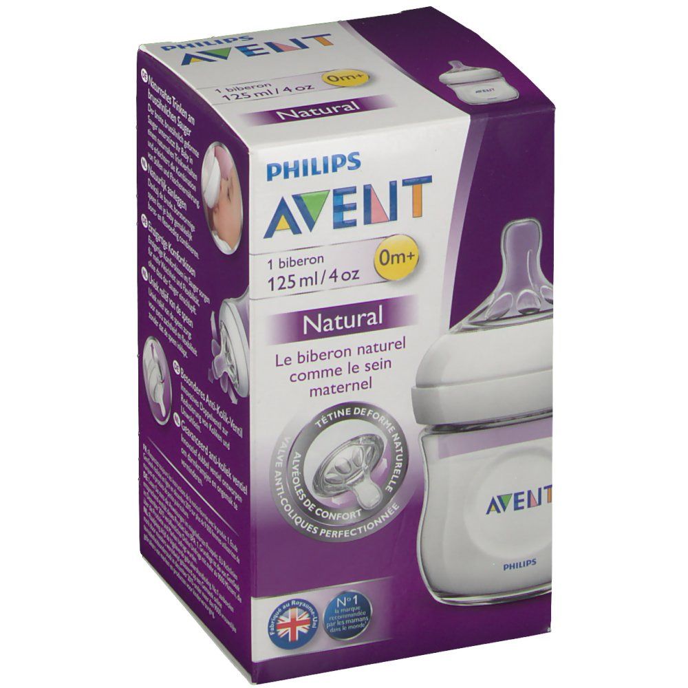 Boîte avec biberon. AVENT, 125 ml/4oz, Natural. Image de la tétine. Valve anti-colique.