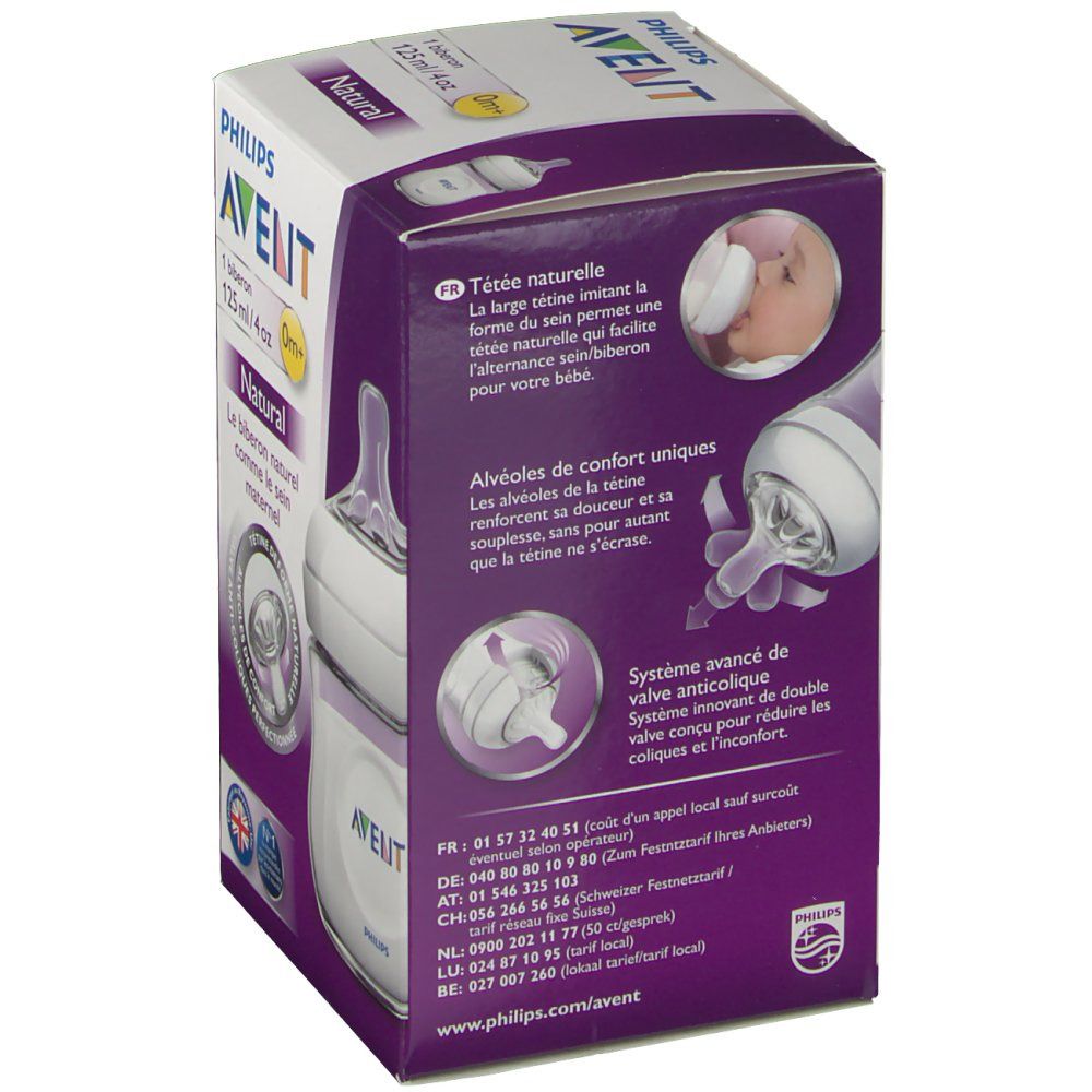 Dos de la boîte. AVENT. Images de la tétine et du bébé. Informations sur la valve anti-colique.