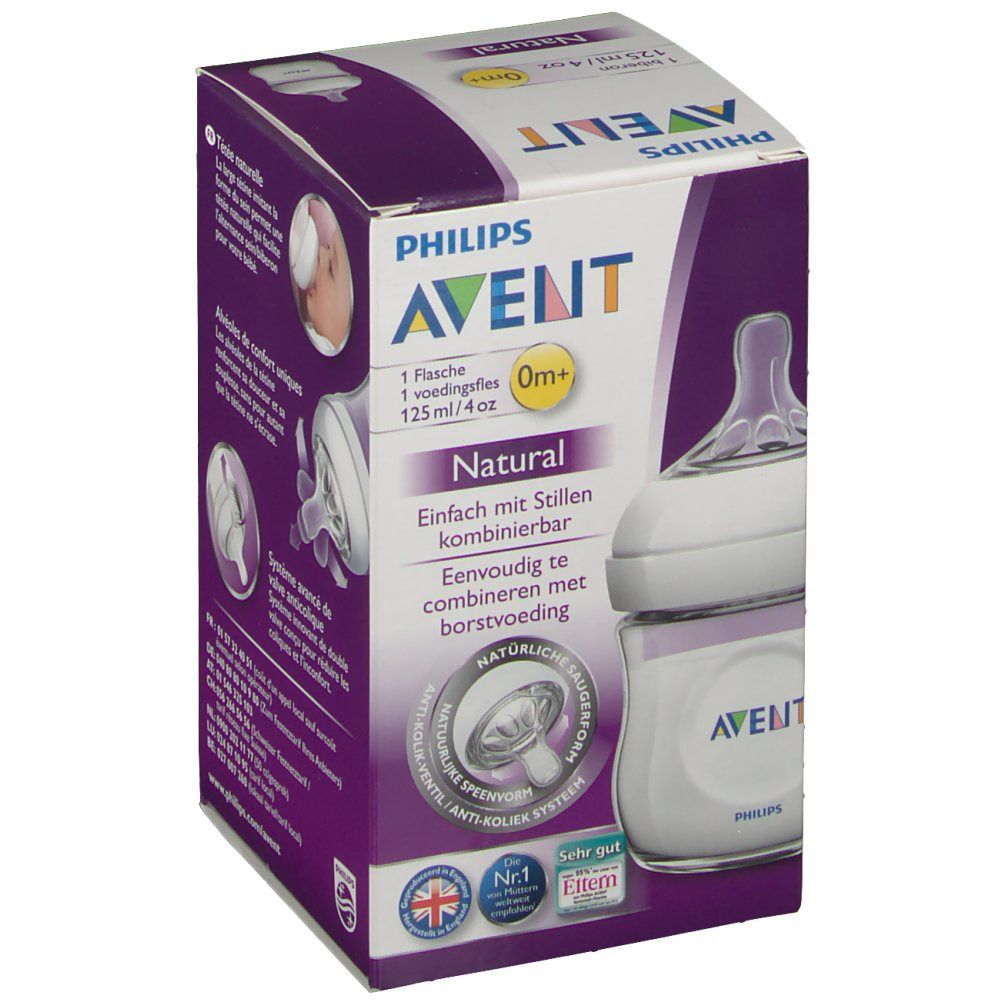 Boîte avec biberon. AVENT, 125 ml/4oz, Natural. Image de la tétine. Valve anti-colique.