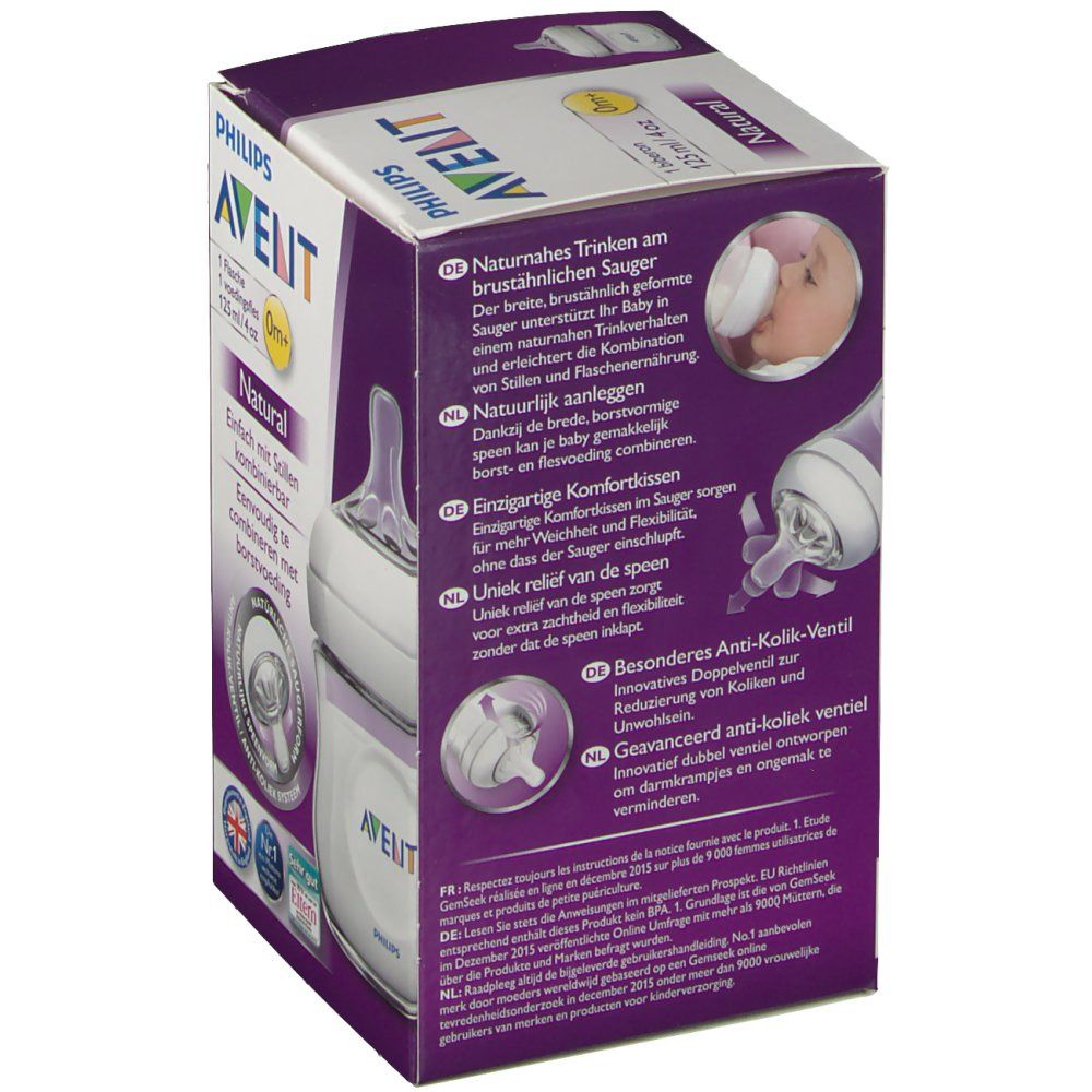 Dos de la boîte. AVENT. Informations sur la tétine et la valve anti-colique. Image bébé.
