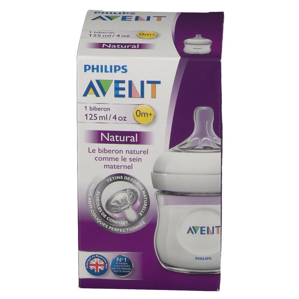 Boîte avec biberon. AVENT, 125 ml/4oz, Natural. Image de la tétine. Valve anti-colique.