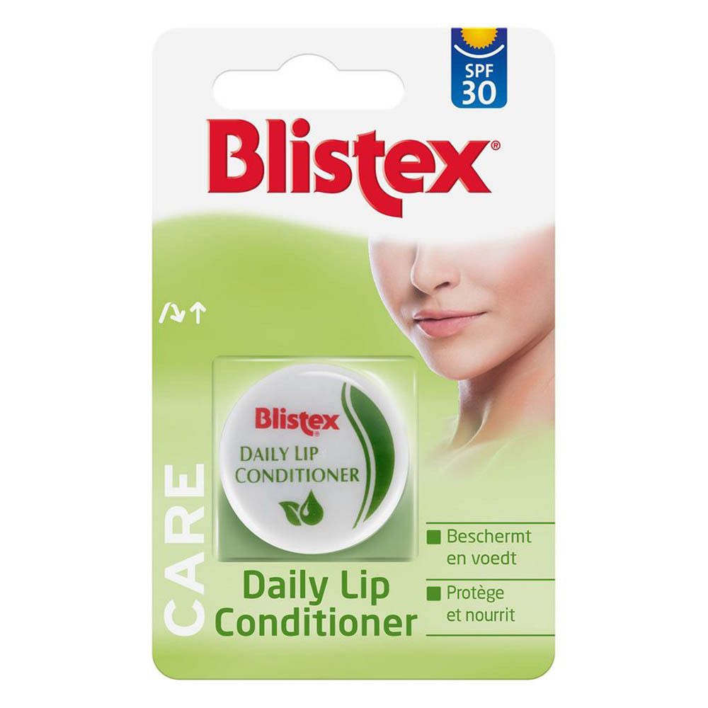 Blistex Daily Lip Conditioner in Blisterverpackung. Deckel mit Produktbezeichnung und SPF 30. Grün-weiße Farbgebung.