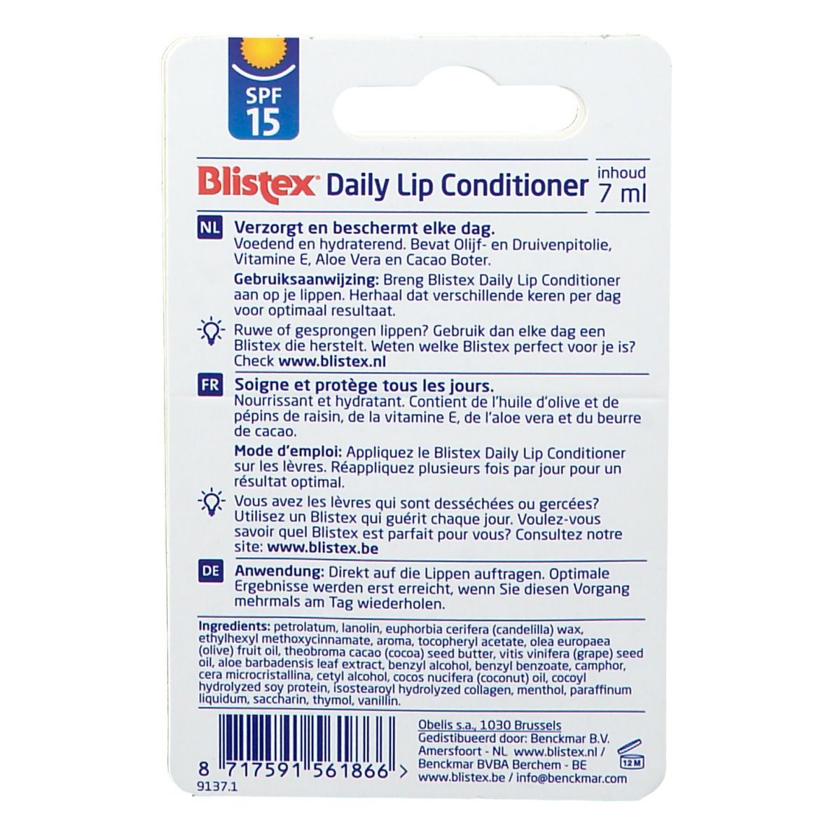 Rückseite der Blisterverpackung mit Produktinformationen. Text in Deutsch, Französisch und Niederländisch. SPF 15.