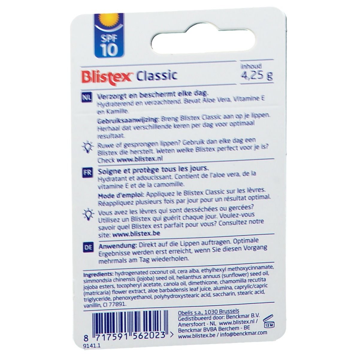 Rückseite der Blistex® Classic Lippenpflege-Verpackung. Text in Deutsch, Französisch und Niederländisch. Inhaltsangabe.