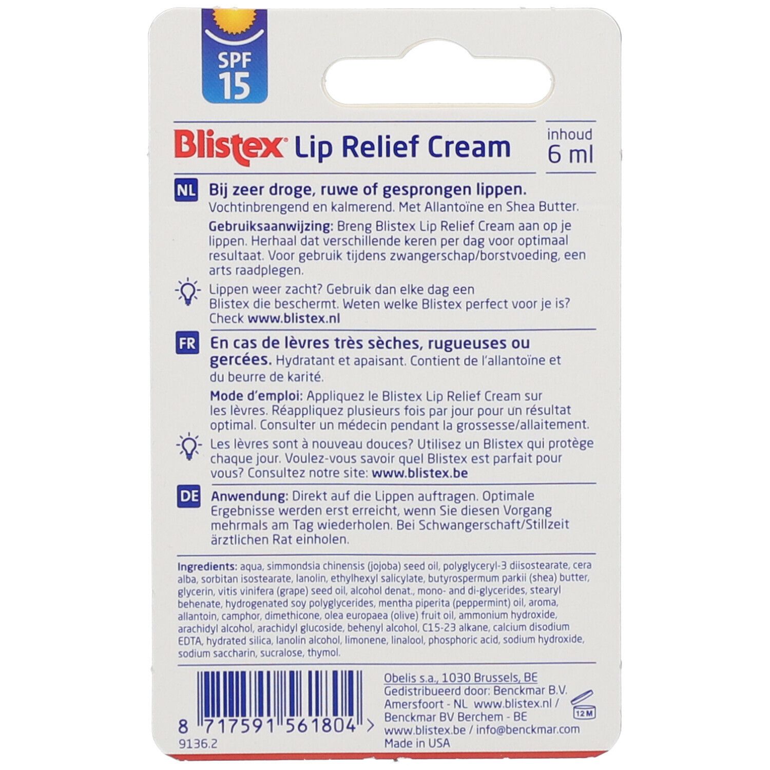 Dos de l'emballage Blistex Lip Relief Cream. Texte en allemand, français et néerlandais. Ingrédients et fabricant.