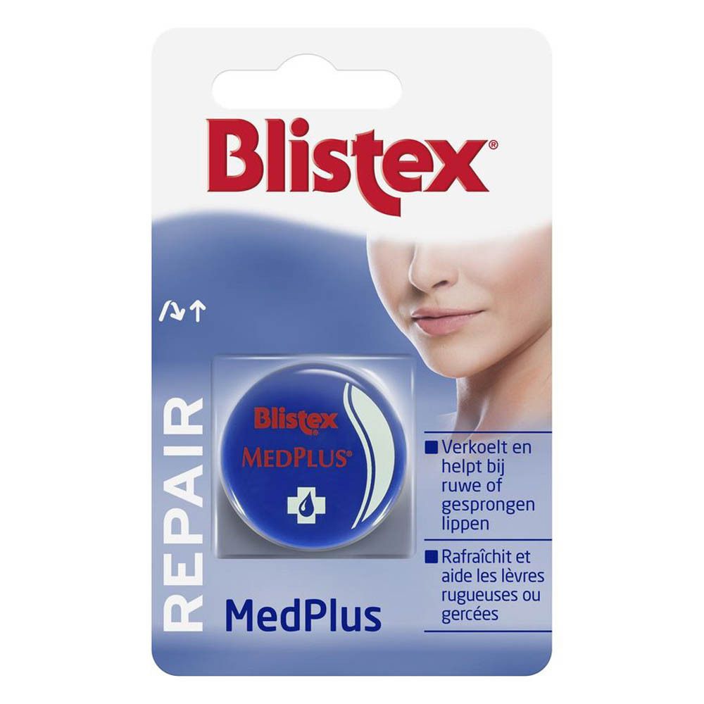 Blisterpack mit Blistex MedPlus. Blaue Dose mit weißer Schrift. SPF 15. Auf der Verpackung ist ein Gesicht abgebildet.