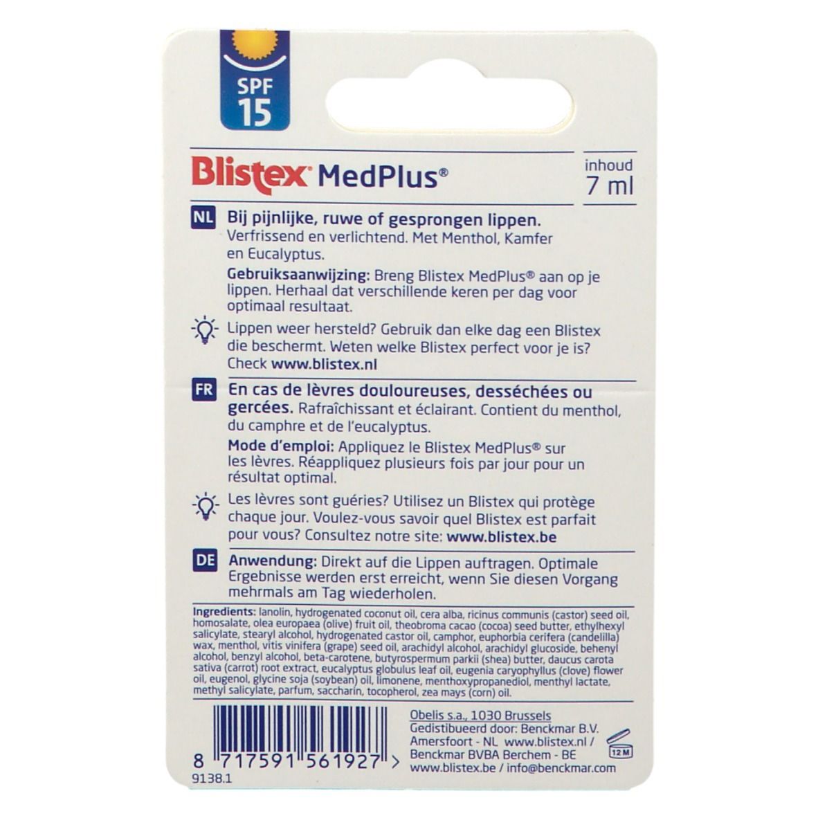 Dos de l'emballage blister Blistex MEDPLUS SPF 15. Texte: Ingrédients, 7 ml, mode d'emploi.