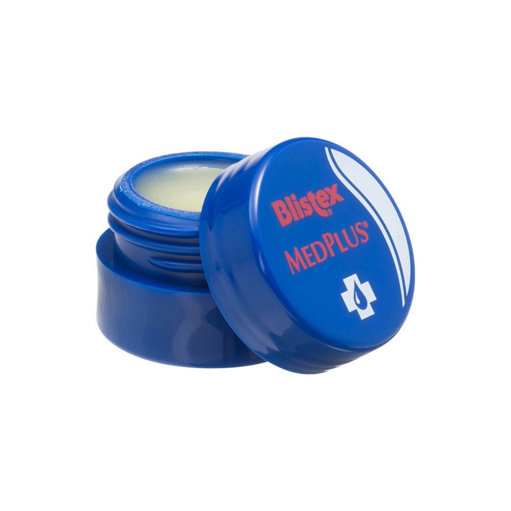 Offene blaue Dose Blistex MedPlus. Deckel daneben. Der Inhalt ist sichtbar.