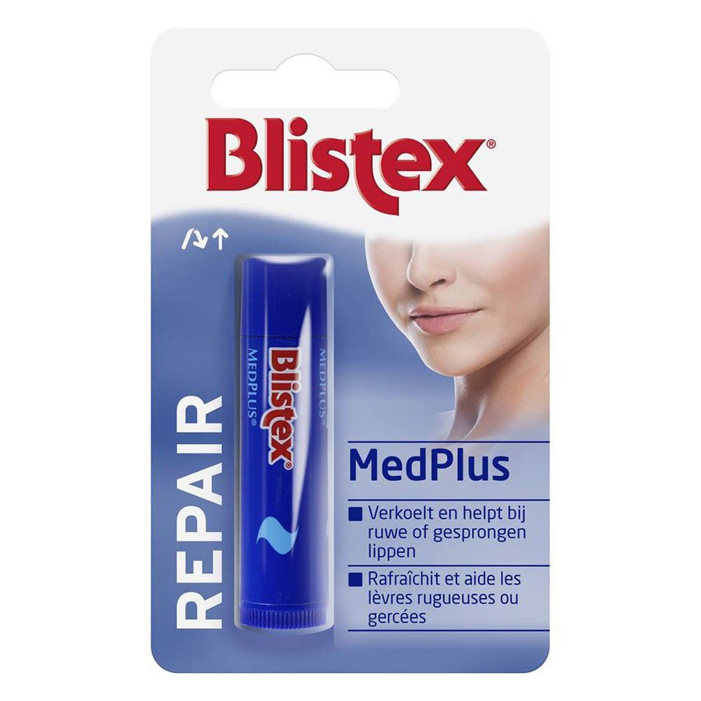 Lippenpflegestift Blistex MedPlus in Blisterverpackung. Blauer Stift mit weißer Schrift. Auf der Verpackung ist ein Gesicht abgebildet.