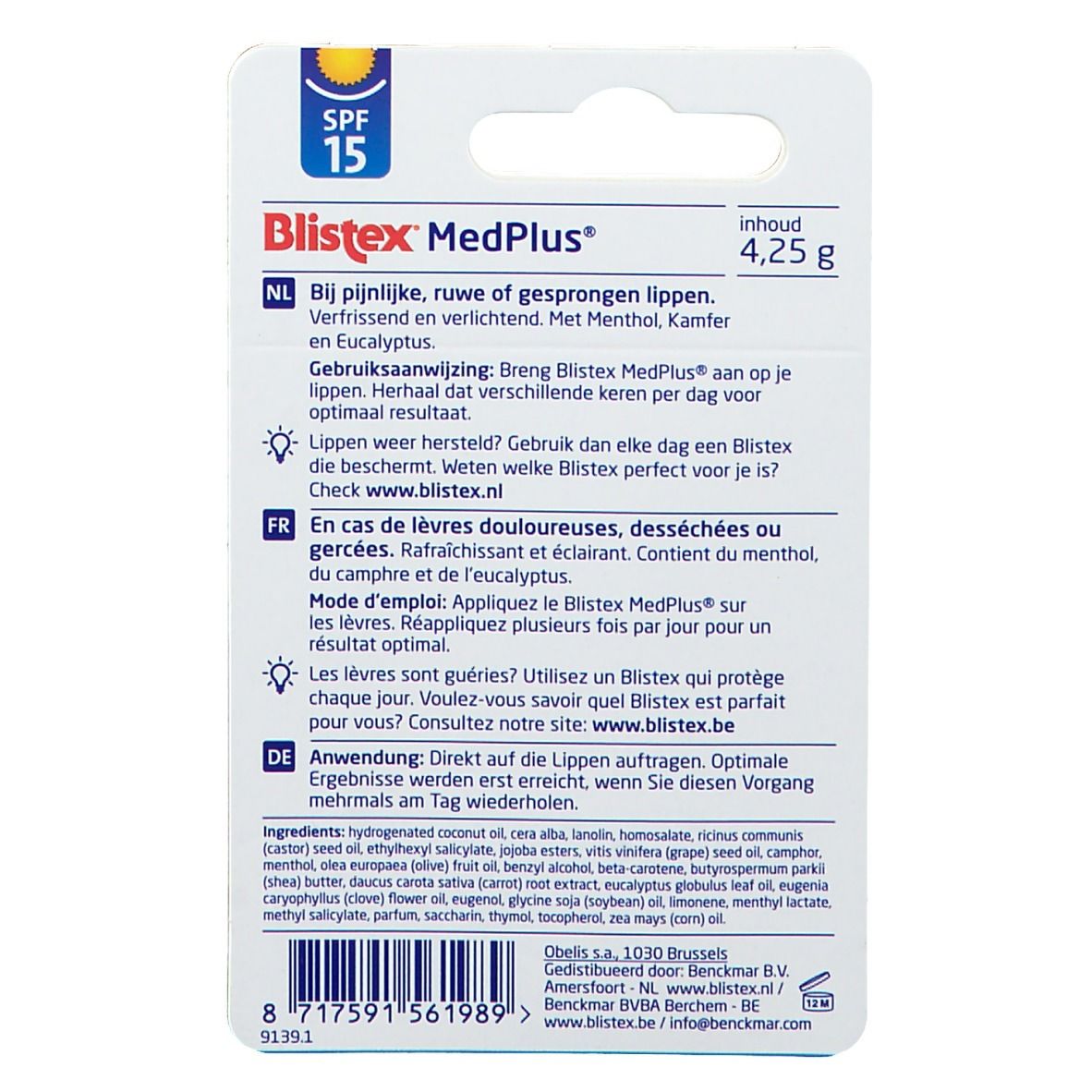 Rückseite der Blisterverpackung. Marke Blistex, Produktname MedPlus. SPF 15. Text in Niederländisch, Französisch und Deutsch. Inhaltsangabe: 4,25 g.