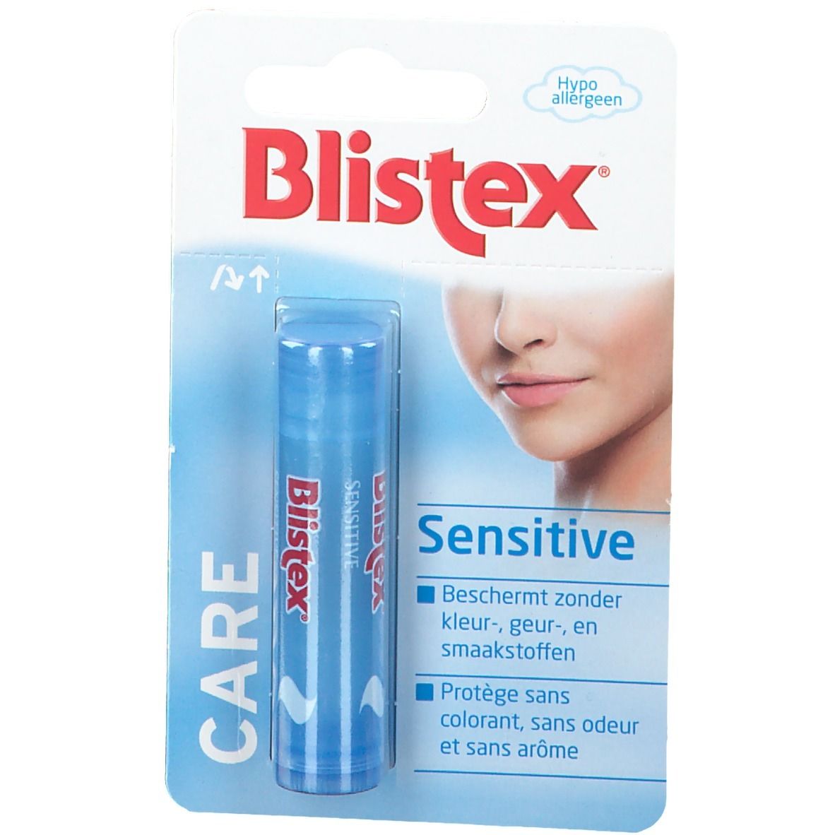 Blistex Sensitive, présenté dans un emballage blister. Produit bleu, inscription 'Sensitive'.