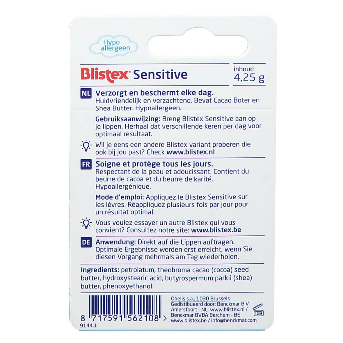 Dos de l'emballage Blistex Sensitive. Texte en néerlandais, français et allemand. Poids : 4,25 g.