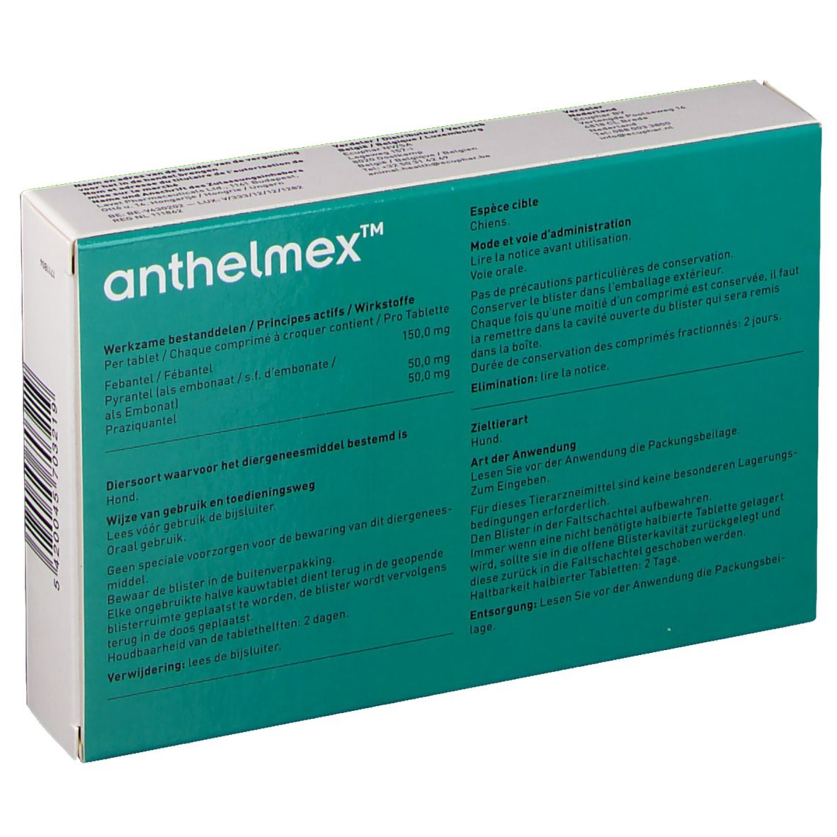 Dos de la boîte Anthelmex. Texte multilingue. Contient des informations sur les ingrédients et l'utilisation.