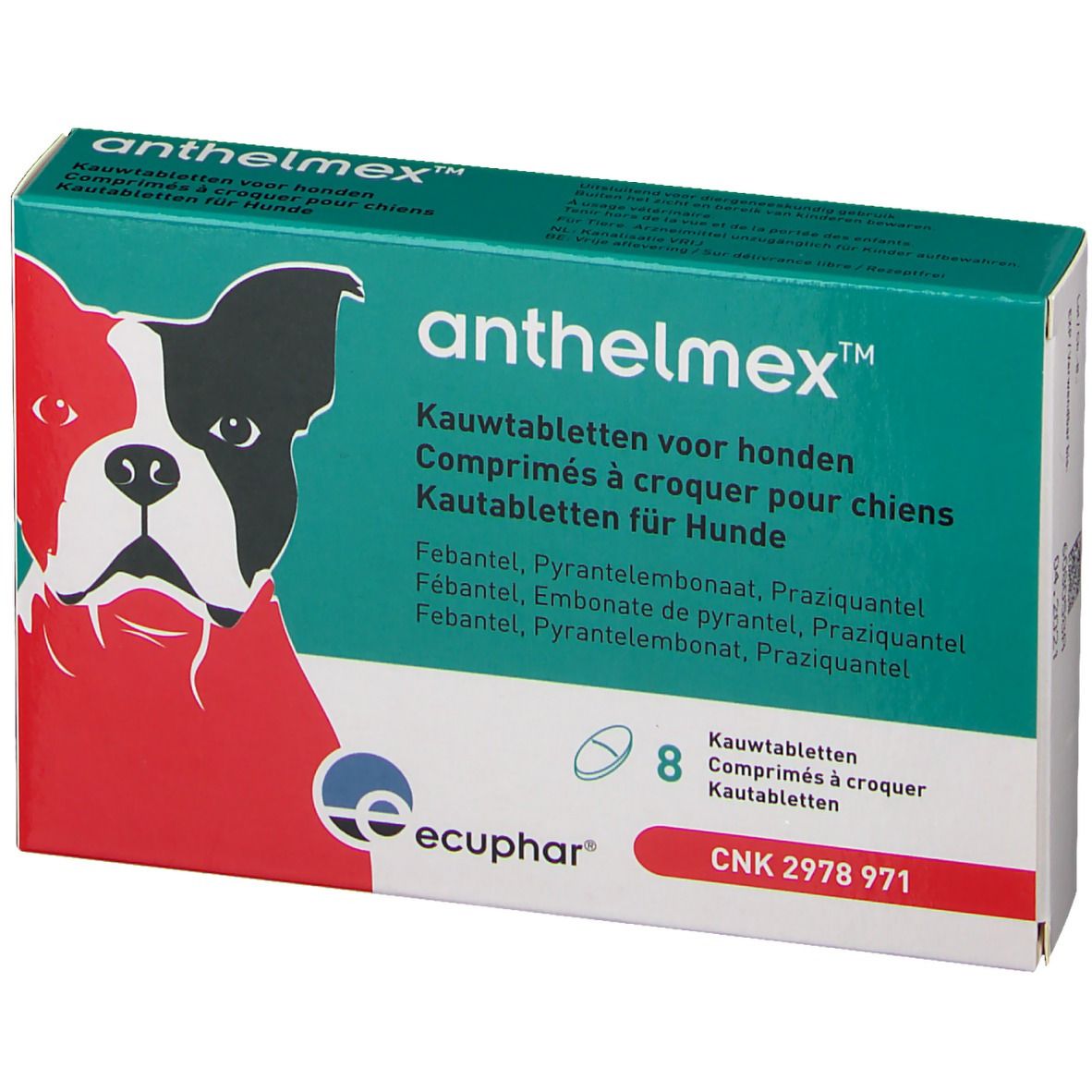 Boîte Anthelmex pour chiens. Design vert et blanc avec image de chien et nom du produit. Contient 8 comprimés.