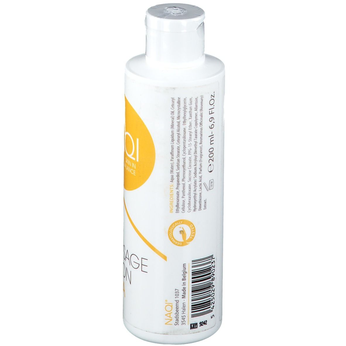 Weiße Flasche mit gelbem Logo und Aufschrift NAQI. Rückseite mit Inhaltsstoffen, Volumen 200 ml und Herkunft Belgien.
