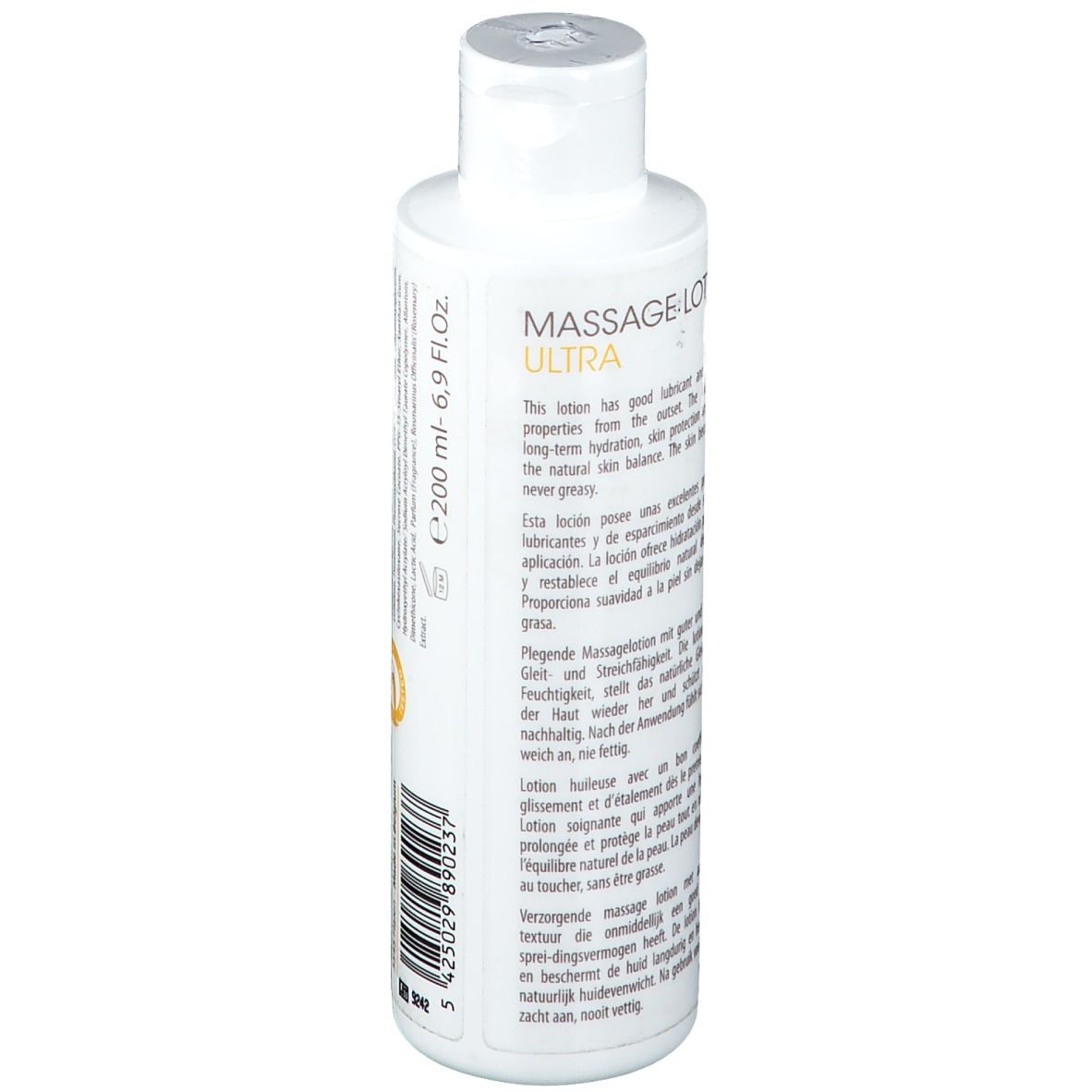 Weiße Flasche mit gelbem Logo und Aufschrift NAQI. Rückseite mit Text in mehreren Sprachen. Volumen 200 ml.