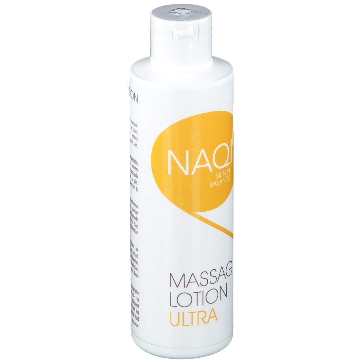 Weiße Flasche mit gelbem Logo und Aufschrift NAQI. Darunter steht Massage Lotion Ultra. Flasche mit Klappverschluss.