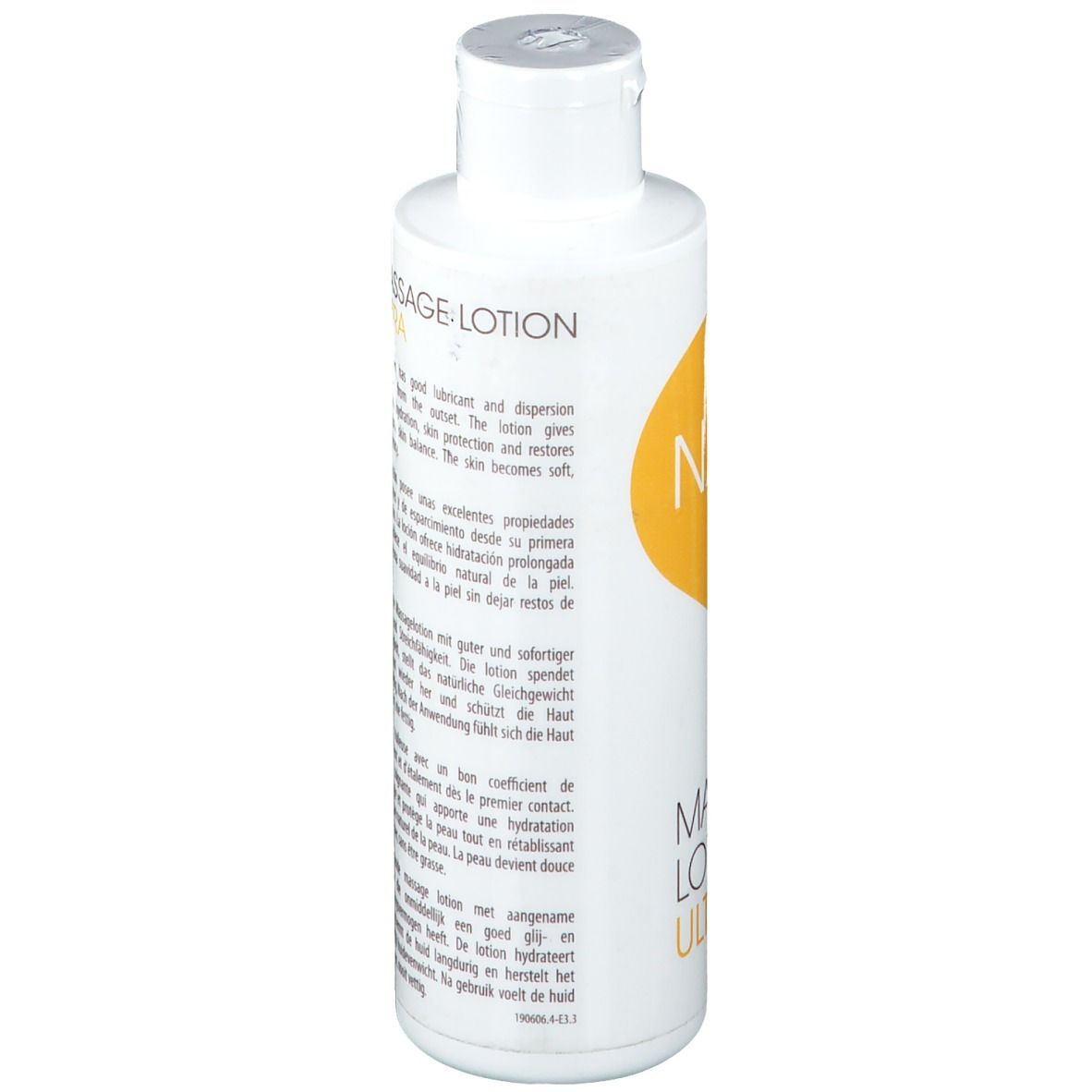 Weiße Flasche mit gelbem Logo und Aufschrift NAQI. Rückseite mit Text in mehreren Sprachen. Volumen 200 ml.