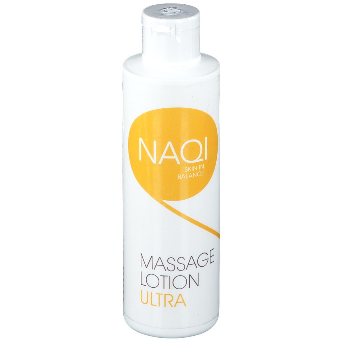 Weiße Flasche mit gelbem Logo und Aufschrift NAQI. Darunter steht Massage Lotion Ultra. Flasche mit Klappverschluss.