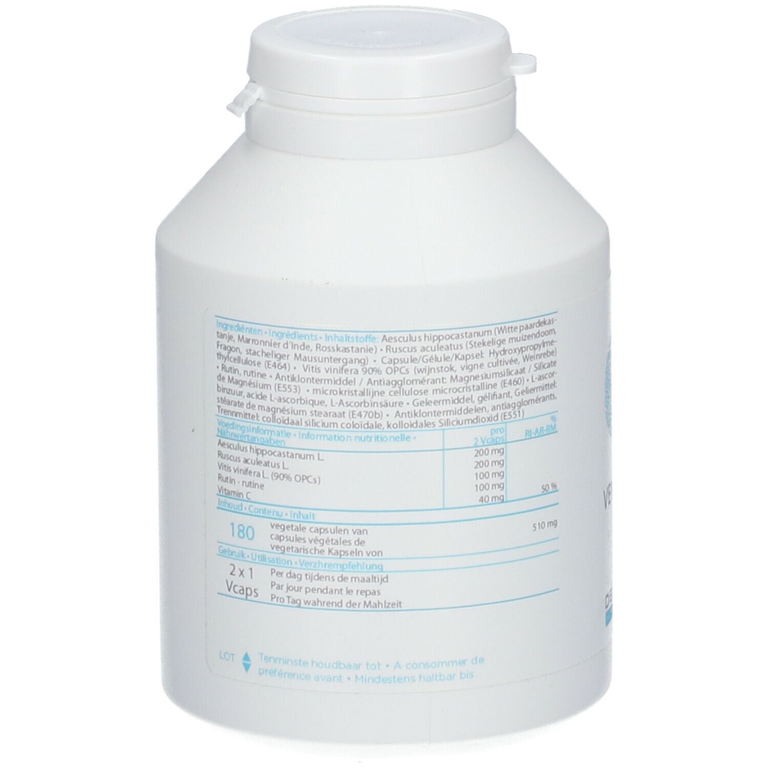 Produit cylindrique blanc. Dos avec ingrédients et informations nutritionnelles. Couvercle à vis.