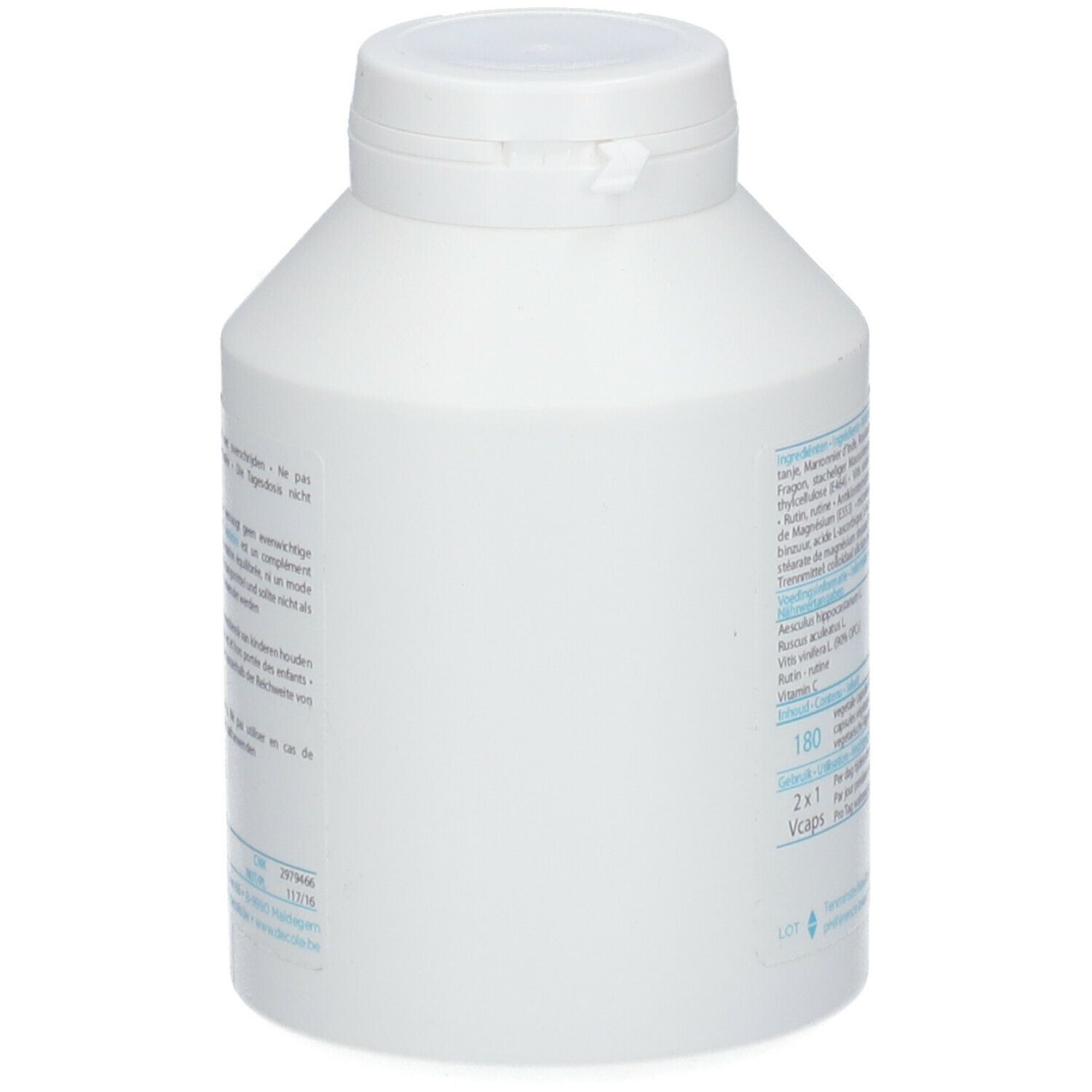 Produit cylindrique blanc. Dos avec ingrédients et informations nutritionnelles. Couvercle à vis.