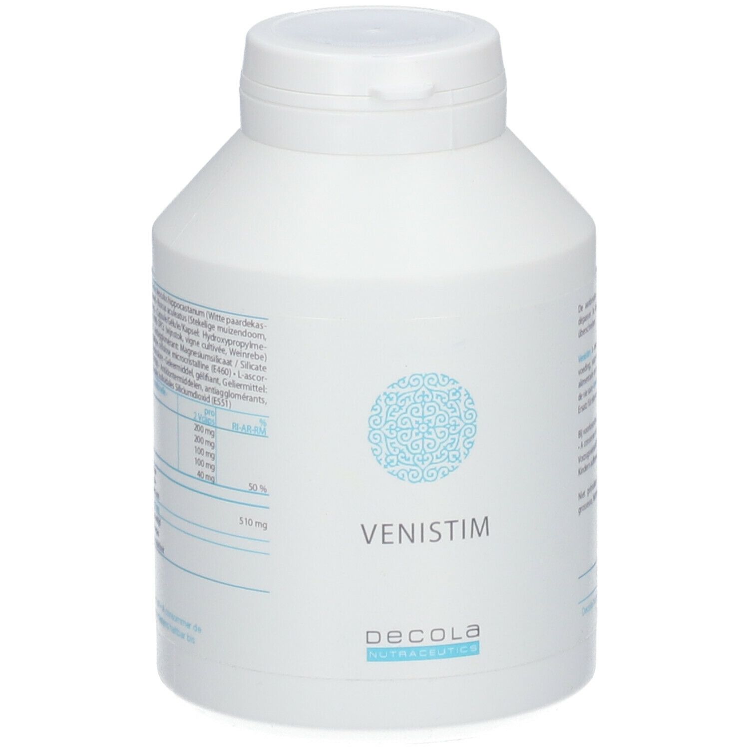 Produit cylindrique blanc. Inscription : VENISTIM, Decola. Motif bleu. Couvercle à vis.