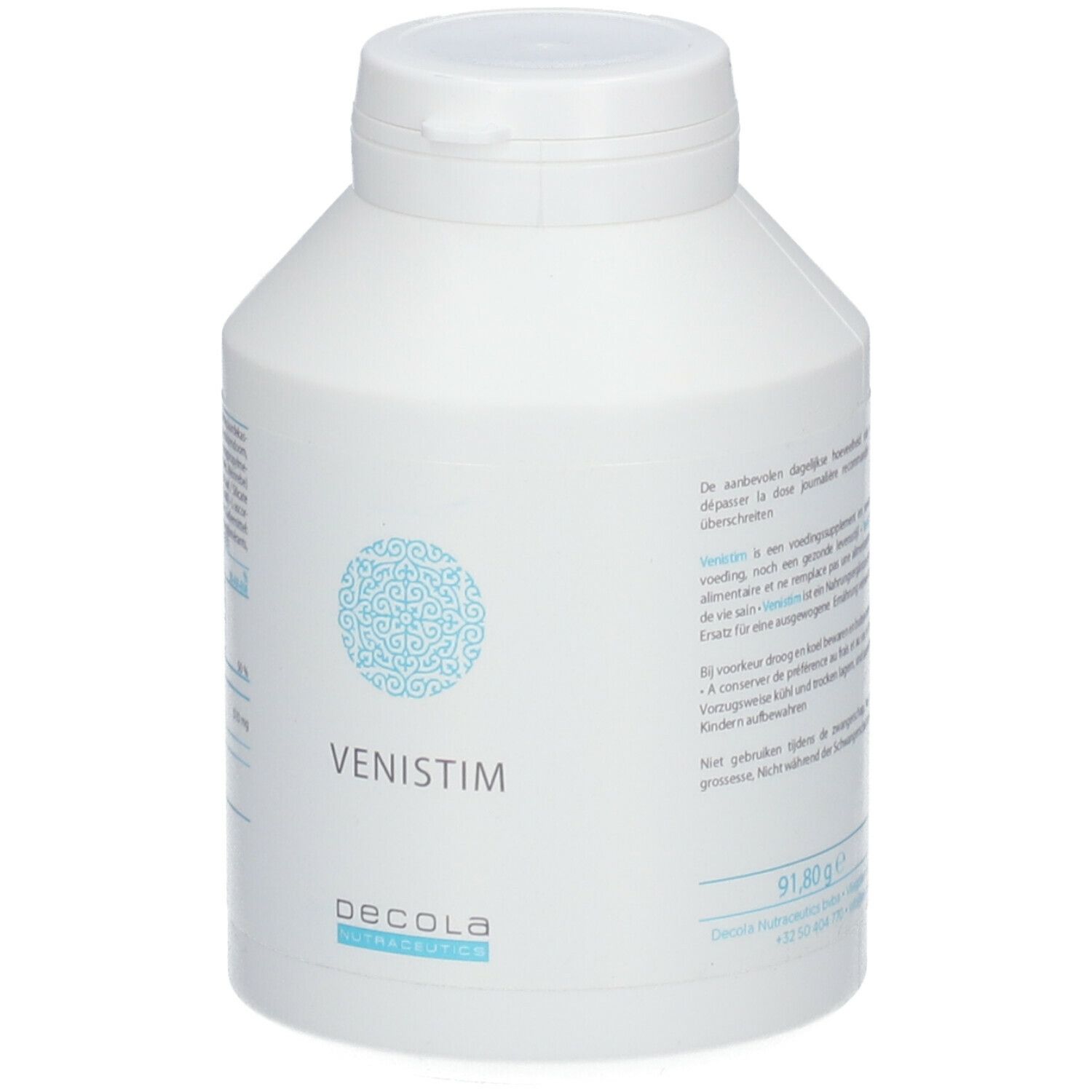 Produit cylindrique blanc. Inscription : VENISTIM, Decola. Motif bleu. Couvercle à vis. Poids : 91,8g.