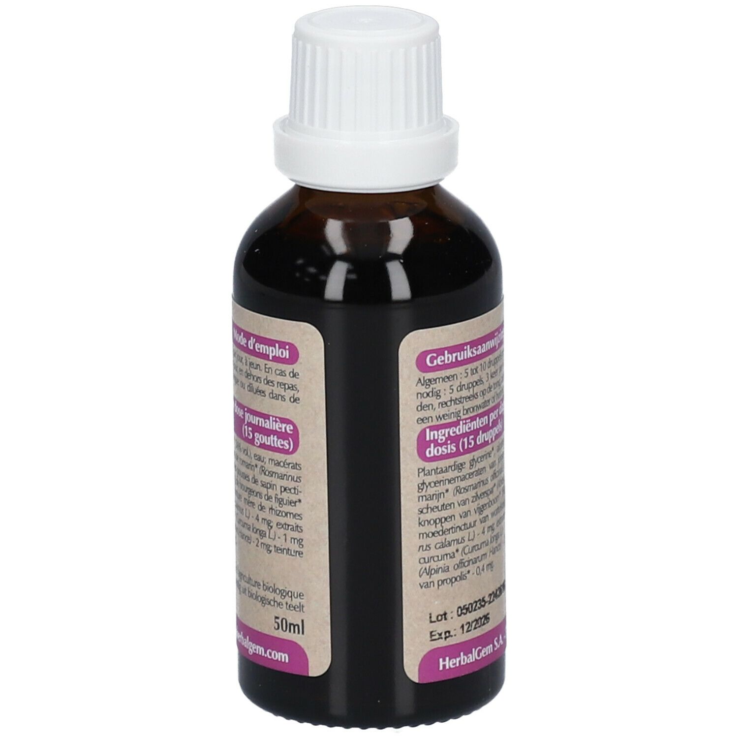 Dos du flacon en verre brun. Étiquette avec mode d'emploi et ingrédients. 50ml.
