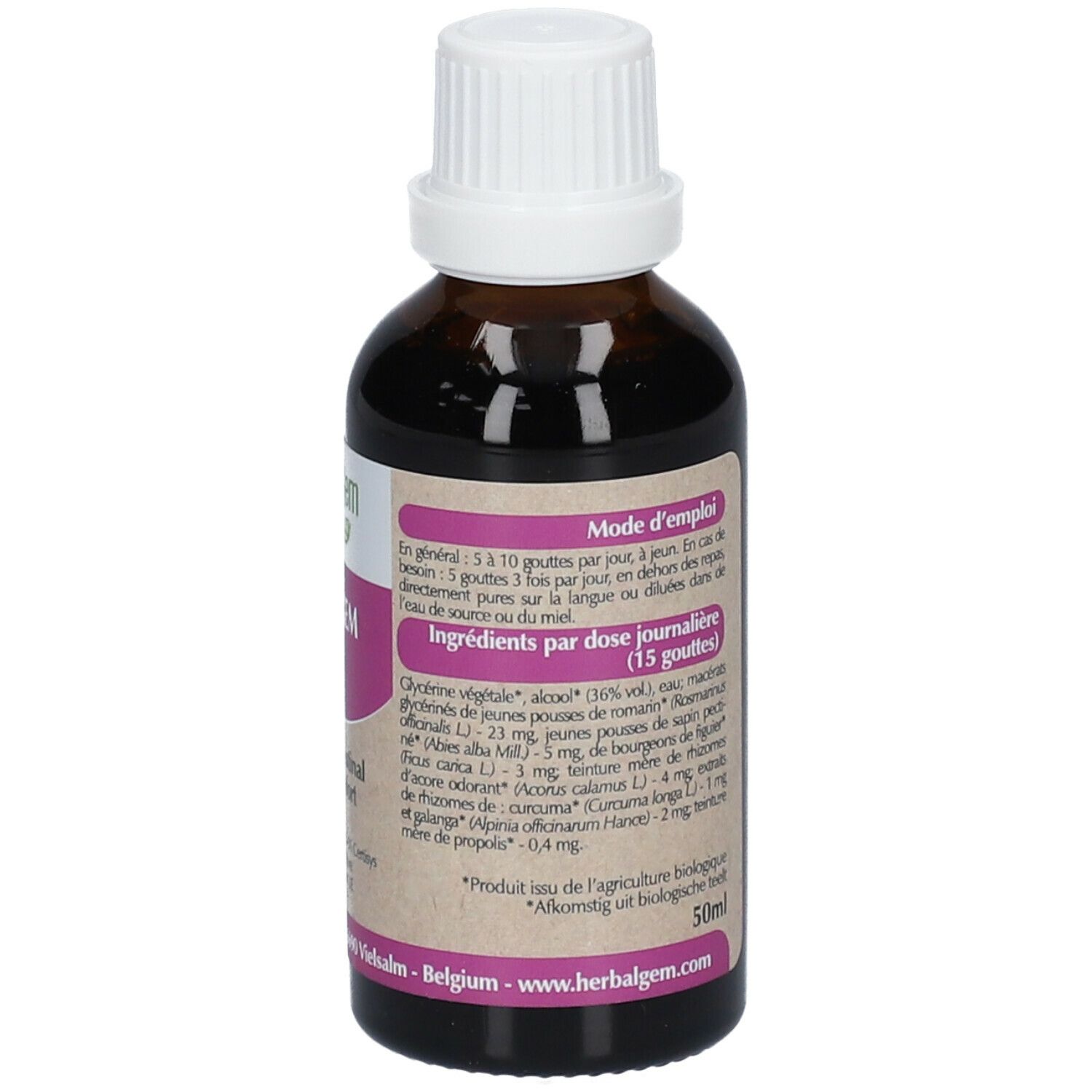 Dos du flacon en verre brun. Étiquette avec mode d'emploi et ingrédients. 50ml.