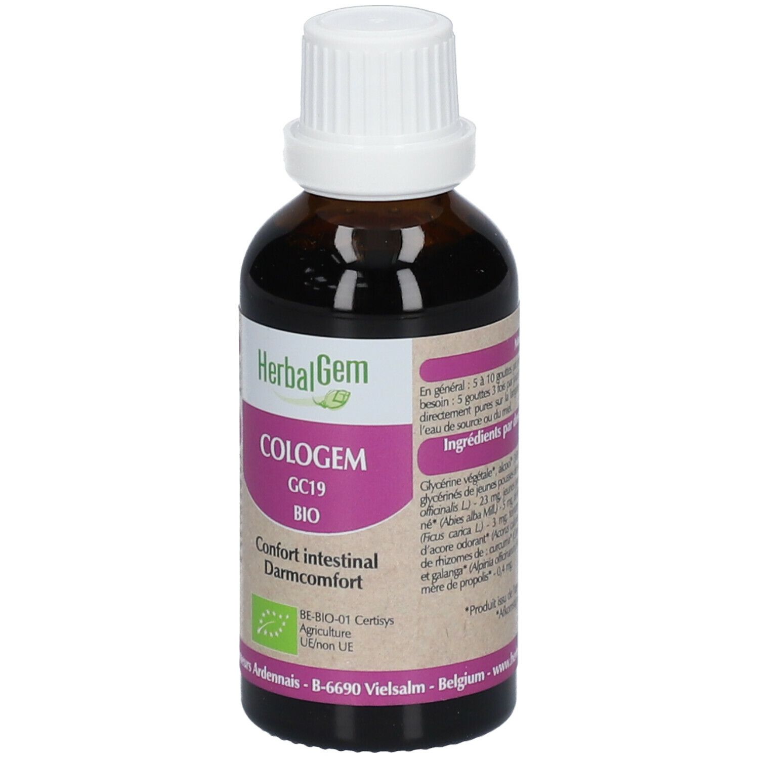 Flacon en verre brun avec bouchon blanc. Étiquette avec nom du produit, marque HerbalGem et label bio. 50ml.
