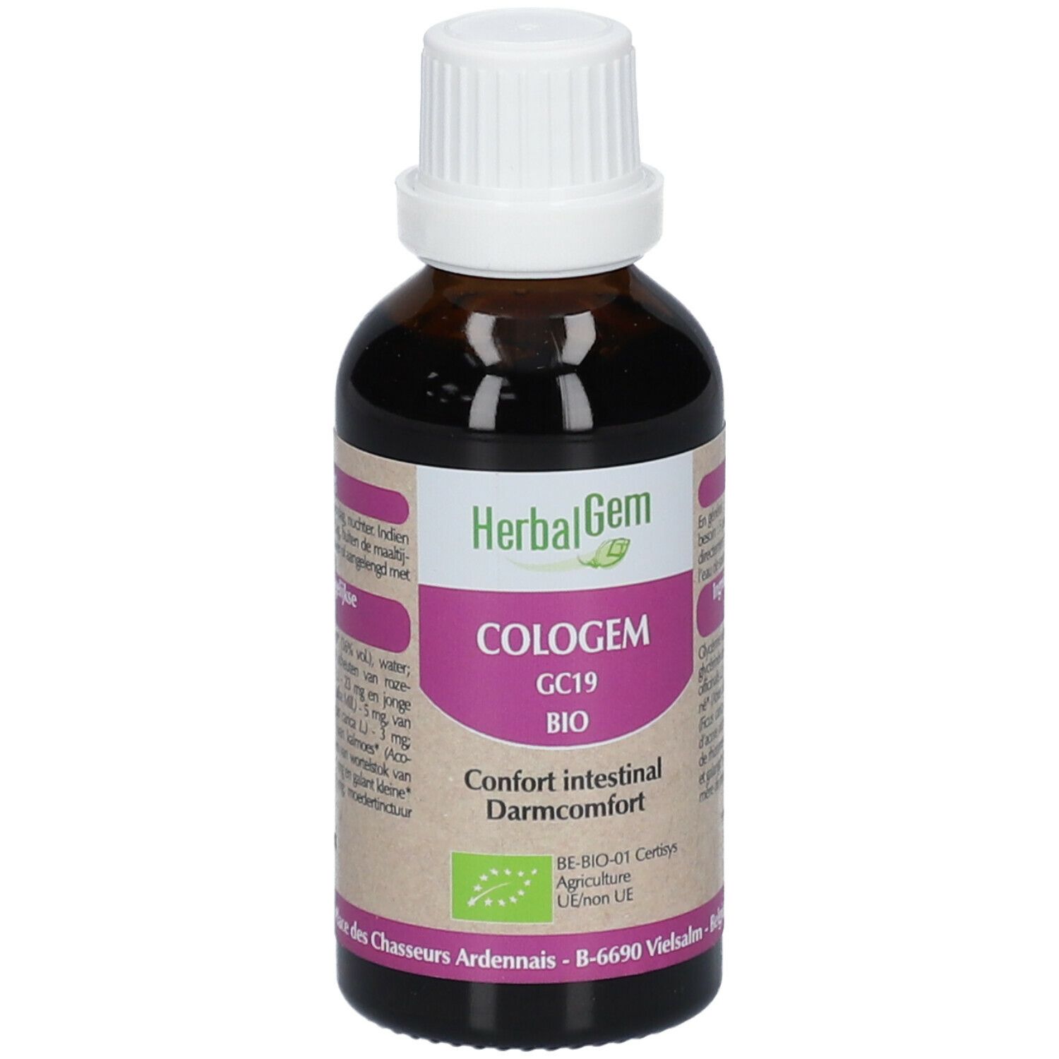 Flacon en verre brun avec bouchon blanc. Étiquette avec nom du produit, marque HerbalGem et label bio. 50ml.