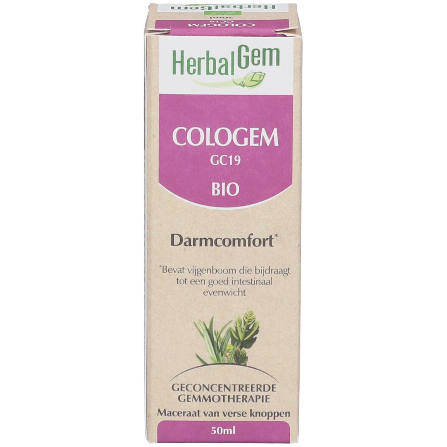 Emballage carton avec nom du produit, marque HerbalGem et label bio. 50ml. Illustration de plantes.